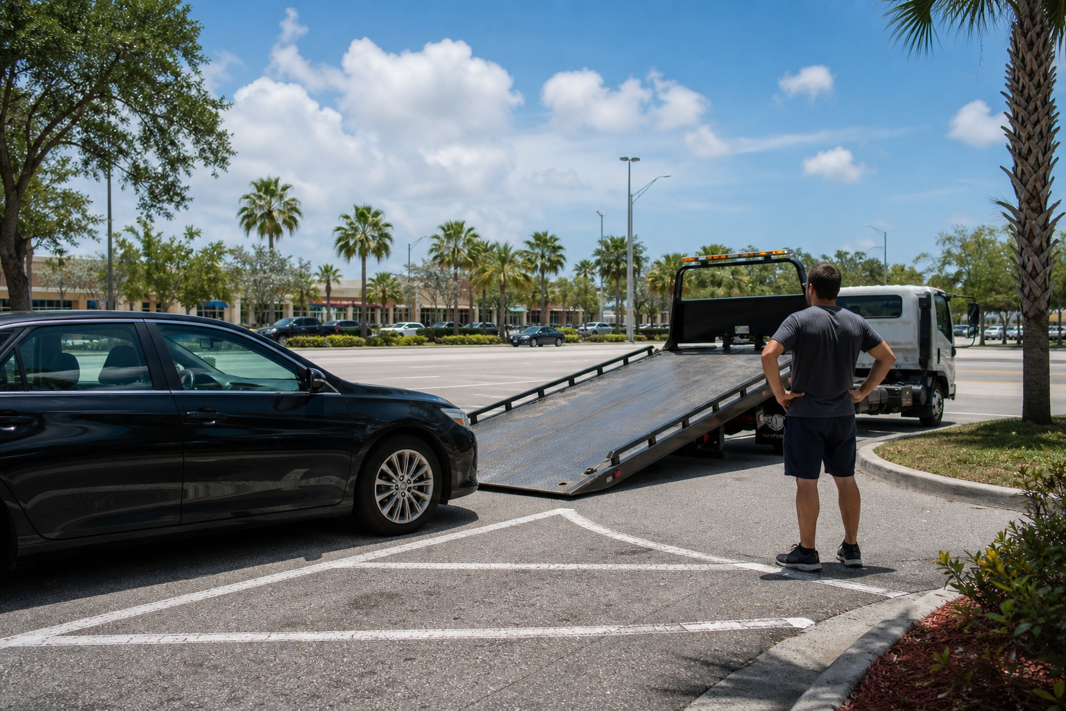 Driver parked safely off Okeechobee Boulevard in West Palm Beach after a dashboard warning light appears, with a flatbed tow truck preparing for pickup