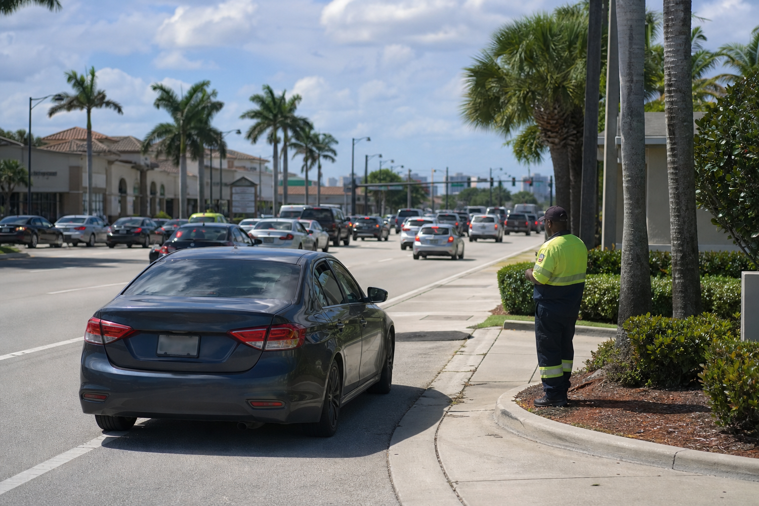 Driver safely stopped outside moving traffic while roadside help assesses a low-fuel vehicle in West Palm Beach