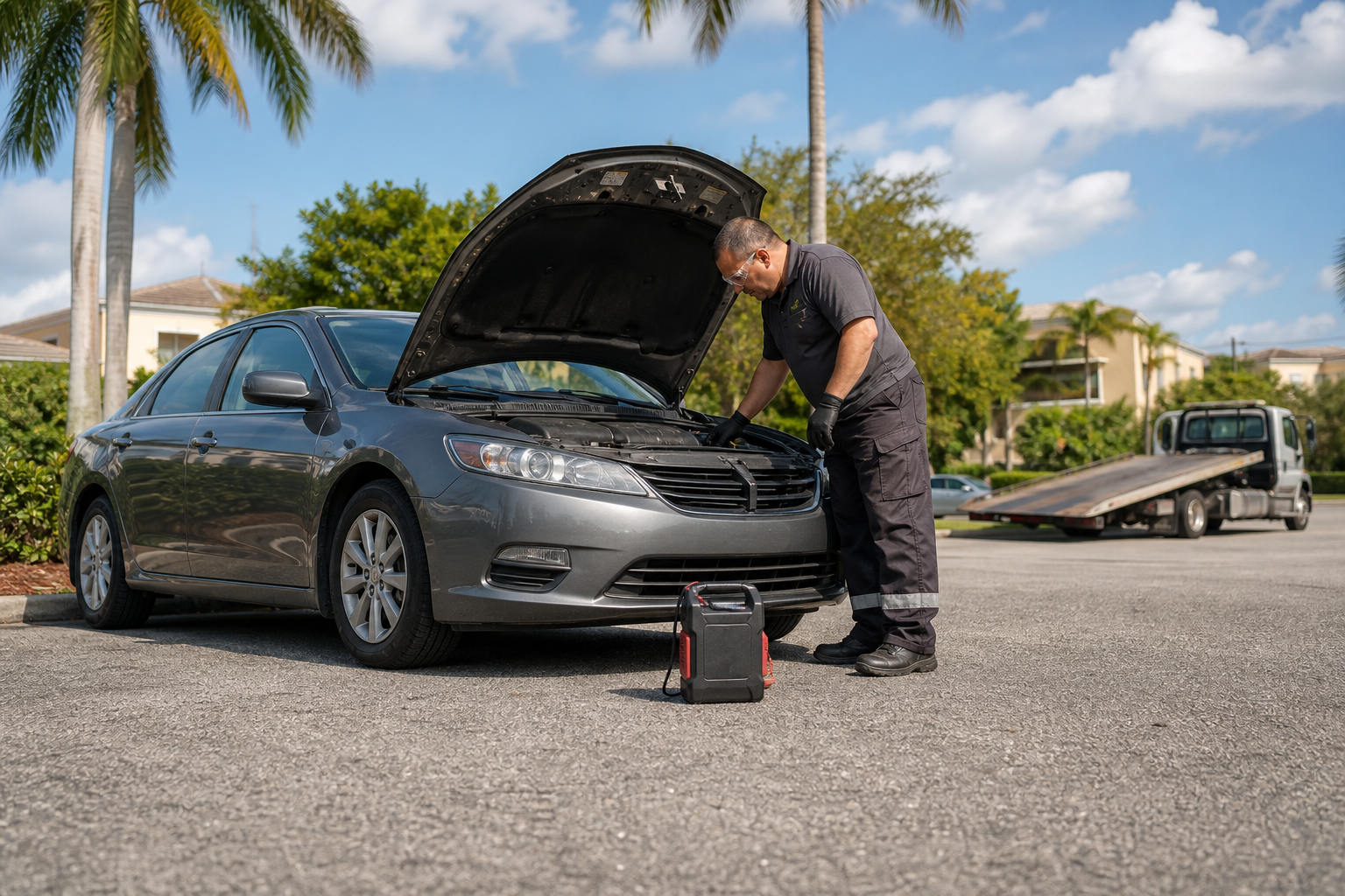 Roadside technician safely assessing a car that will not start in a West Palm Beach parking area