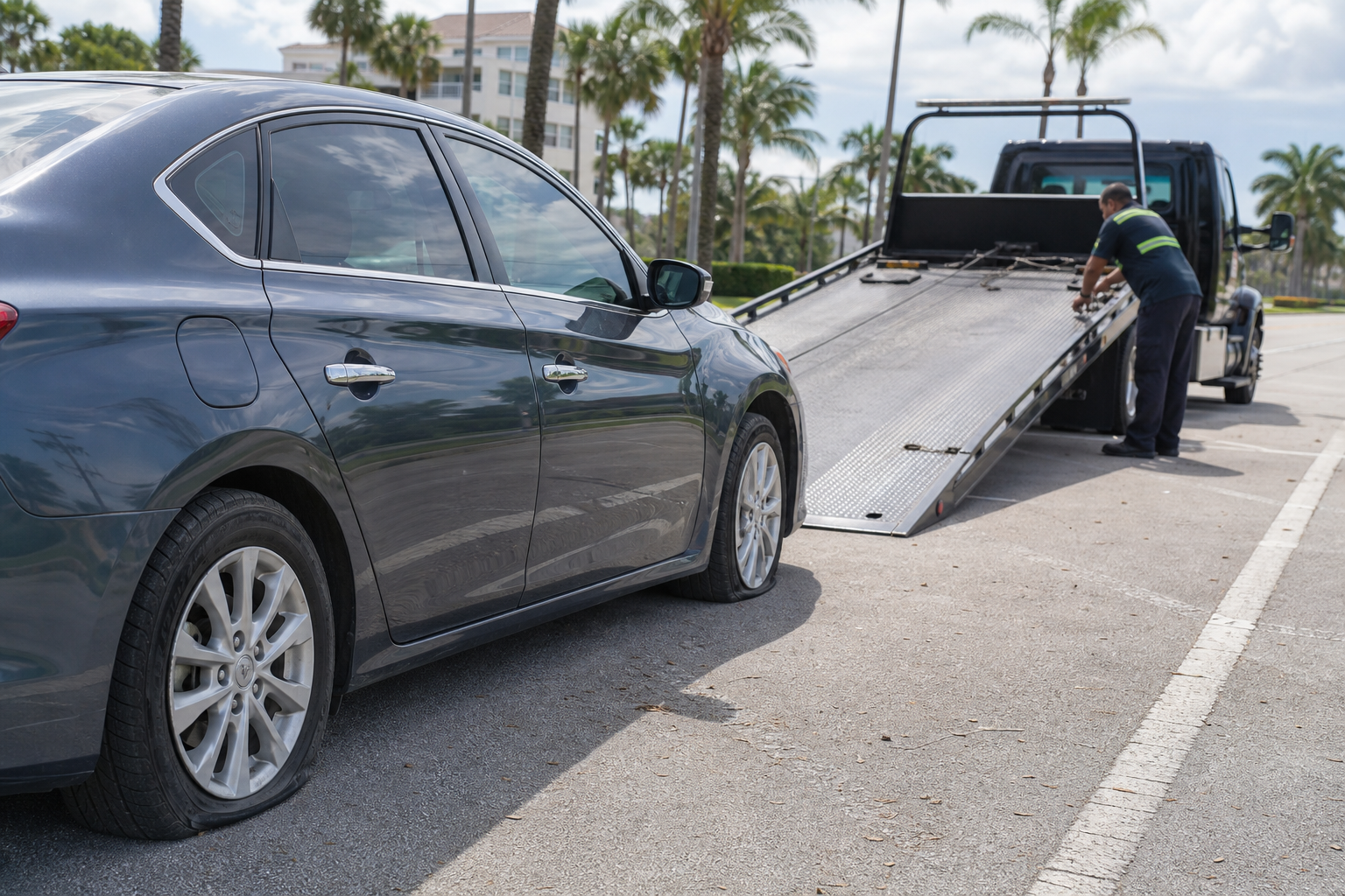 Flatbed operator preparing to load a car with a flat tire in a safe West Palm Beach parking area