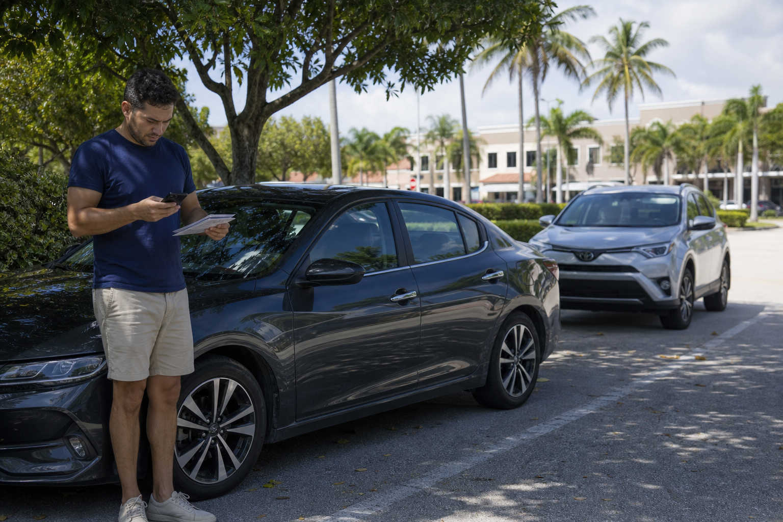 Driver standing safely beside a locked sedan in a West Palm Beach parking area while checking vehicle details on a phone